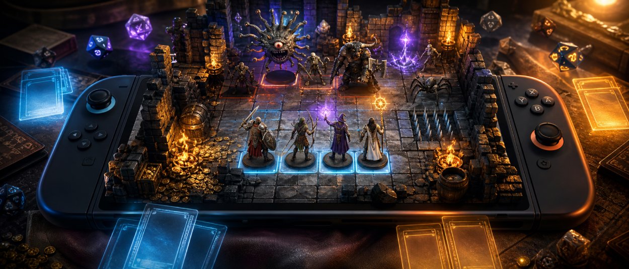 Vier Fantasy-Helden als digitale Miniaturen kämpfen auf einem leuchtenden Tabletop-Brett gegen Monster in einem Dungeon der Forgotten Realms.