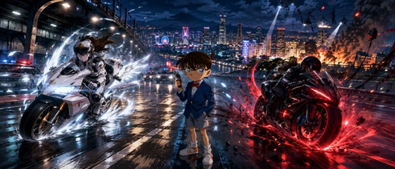 Ein kleiner Detektiv steht auf einer nächtlichen Straße, während zwei Motorräder mit Lichtspuren durch Kanagawa rasen.