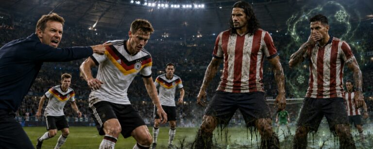 Satirische Fantasy-Szene eines Fußballspiels zwischen Deutschland und Paraguay, bei dem paraguayische Spieler wie Sumpfboten der Zwischenreiche auf einem morastigen Rasen verteidigen.