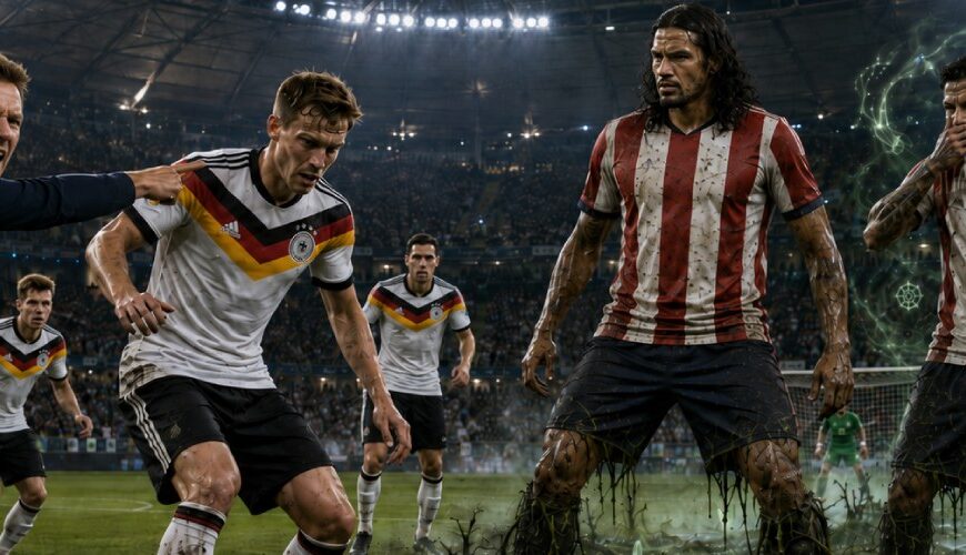 Satirische Fantasy-Szene eines Fußballspiels zwischen Deutschland und Paraguay, bei dem paraguayische Spieler wie Sumpfboten der Zwischenreiche auf einem morastigen Rasen verteidigen.