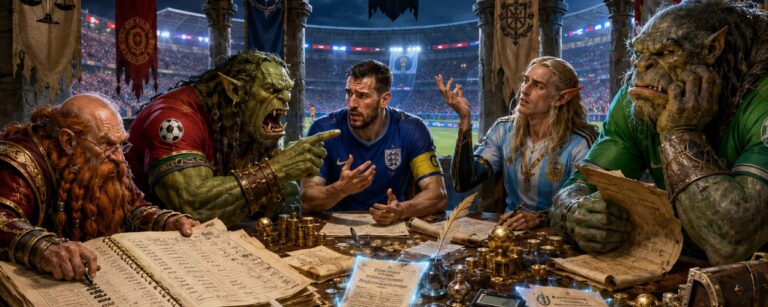 Satirische Fantasy-Szene mit Fußballern, Schatzmeister, Goldmünzen und Prämienrat der Zwischenreiche vor einem WM-Spiel