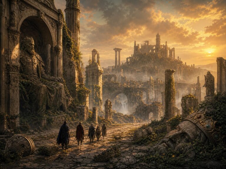 Gewaltige Ruinen eines alten Fantasyreiches mit zerbrochenen Säulen, überwucherten Straßen und einer kleinen Reisegruppe im Abendlicht.