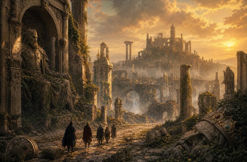 Gewaltige Ruinen eines alten Fantasyreiches mit zerbrochenen Säulen, überwucherten Straßen und einer kleinen Reisegruppe im Abendlicht.