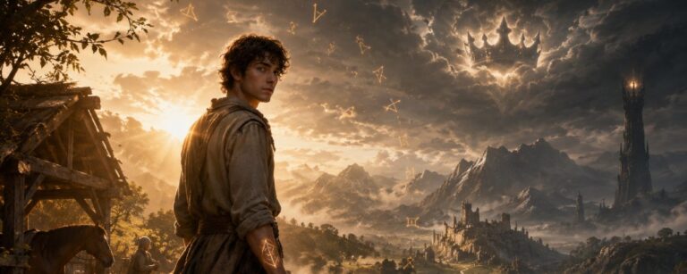 Junger Fantasyheld aus einfachem Hintergrund steht vor einer gewaltigen Landschaft, während Licht, Schwert und Prophezeiungssymbole sein Schicksal andeuten.