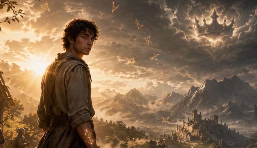 Junger Fantasyheld aus einfachem Hintergrund steht vor einer gewaltigen Landschaft, während Licht, Schwert und Prophezeiungssymbole sein Schicksal andeuten.