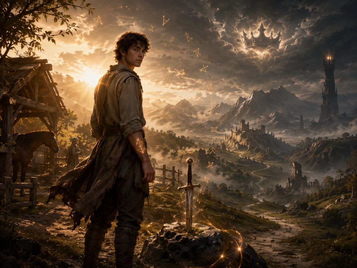 Junger Fantasyheld aus einfachem Hintergrund steht vor einer gewaltigen Landschaft, während Licht, Schwert und Prophezeiungssymbole sein Schicksal andeuten.