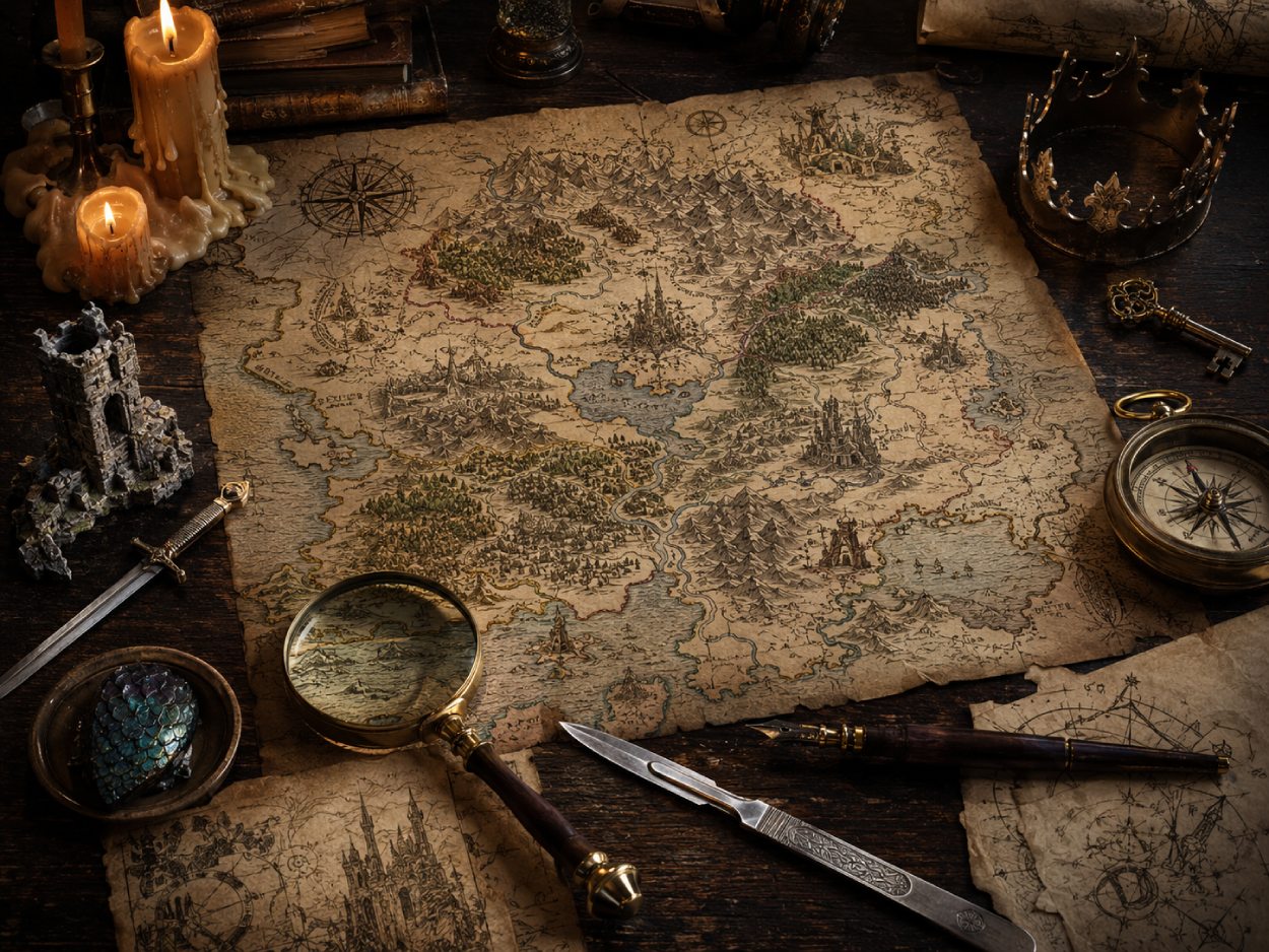 Alte Fantasykarte auf einem dunklen Holztisch mit Kompass, Lupe, Kerzen, Krone, Schlüssel und kleinen Fantasyobjekten.