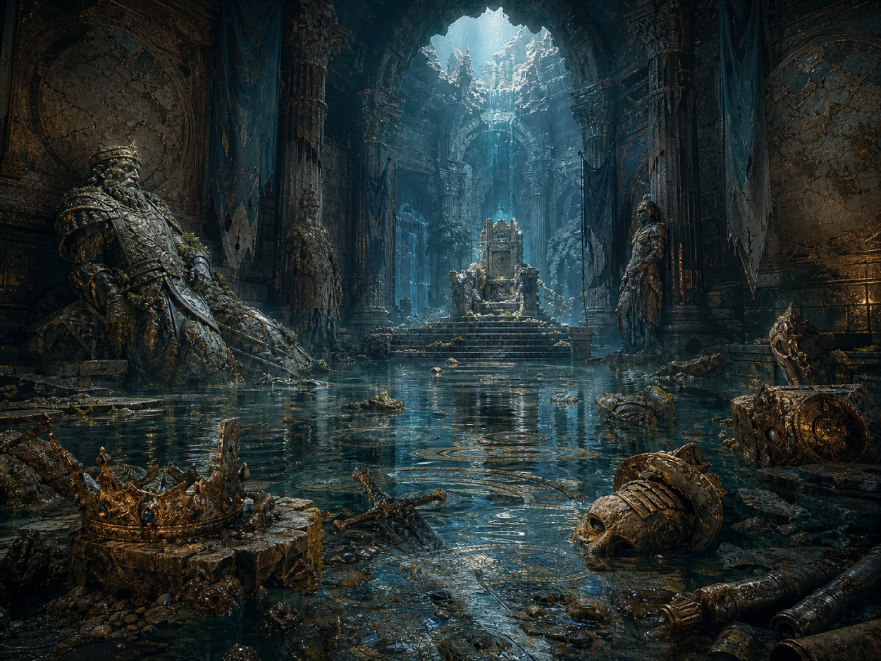 Versunkene Halle eines alten Fantasyimperiums mit zerbrochenem Thron, alten Karten, Wasserflächen und magischem Licht.