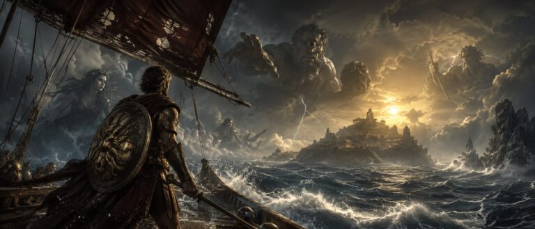 Ein antiker Held steht auf einem Schiff vor stürmischer See, während im Hintergrund mythische Schatten, Blitze und eine ferne Insel erscheinen.