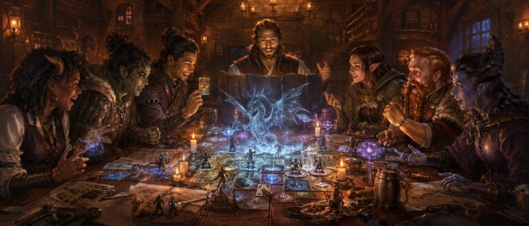 Eine Fantasy-Rollenspielgruppe sitzt an einem Tisch, während ein digital leuchtender Drache, Monsterkarten, Würfel und Kartenmaterial zwischen den Spielern geteilt werden.