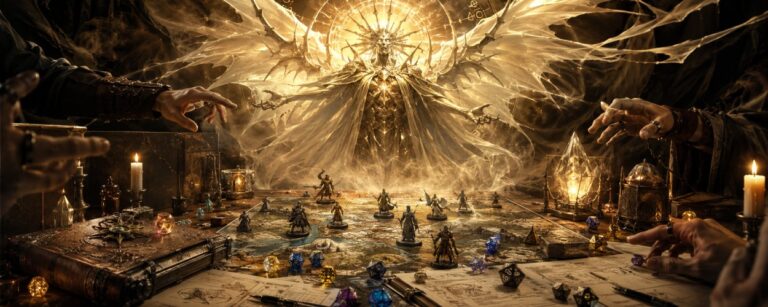 Ein Spielleiterschirm mit Würfeln, Zauberbuch, magischen Gegenständen und einem leuchtenden engelhaften Gegner, der über einer Fantasy-Karte erscheint.