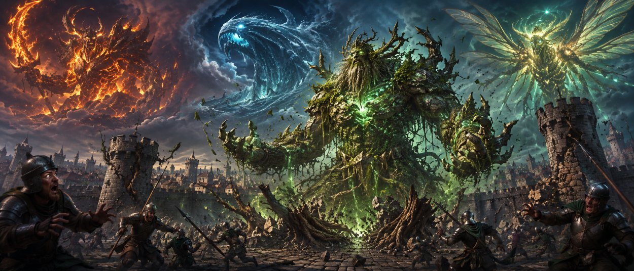 Ein Druide verwandelt sich in eine gewaltige Kaiju-Kreatur aus Moos, Schuppen und Naturmagie vor einer zerstörten Stadtmauer.
