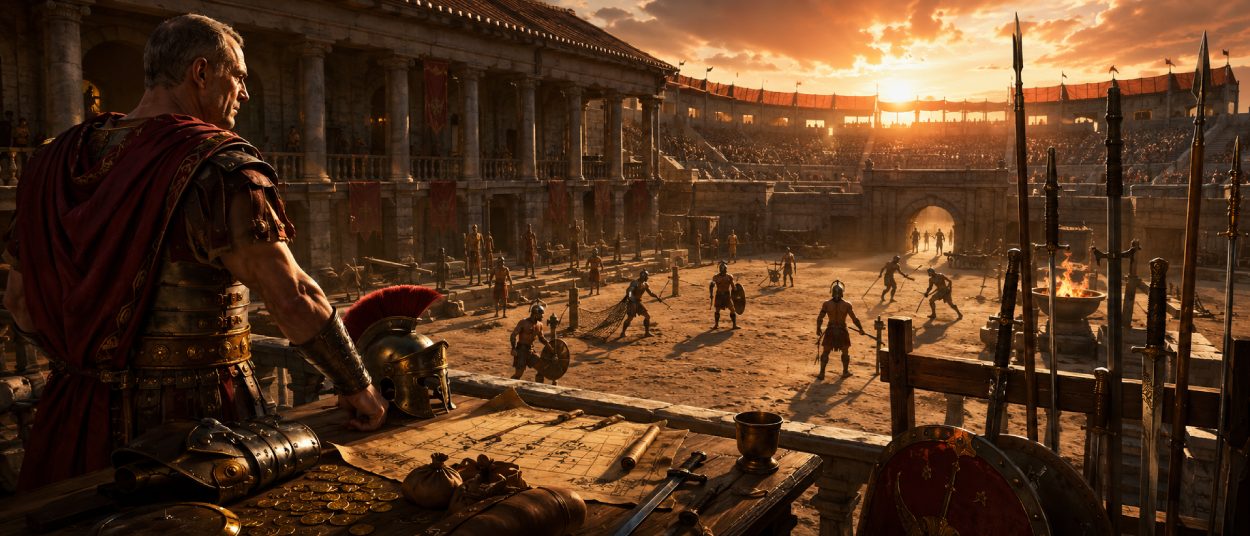 Ein römischer Arena-Meister blickt von einer erhöhten Tribüne auf mehrere Gladiatoren im Sand, während Waffen, Rüstungen und Trainingspläne vor ihm liegen.
