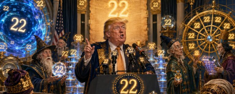 Satirische Fantasy-Szene mit einem präsidialen Rednerpult, schwebenden Zahlen 22, Numeromanten und magischen Taschenrechnern im Weißen Haus