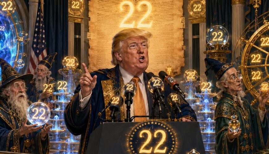 Satirische Fantasy-Szene mit einem präsidialen Rednerpult, schwebenden Zahlen 22, Numeromanten und magischen Taschenrechnern im Weißen Haus