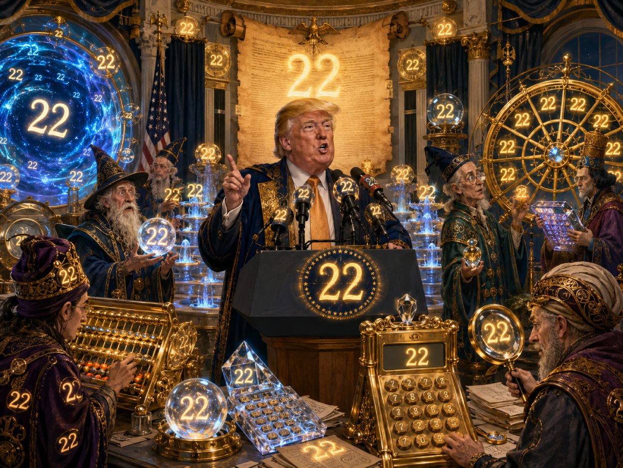 Satirische Fantasy-Szene mit einem präsidialen Rednerpult, schwebenden Zahlen 22, Numeromanten und magischen Taschenrechnern im Weißen Haus