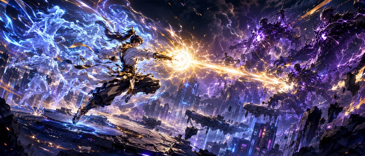 Ein eigener Anime-Kämpfer fliegt durch eine futuristische Stadt und schleudert leuchtende Energie gegen riesige Gegner.