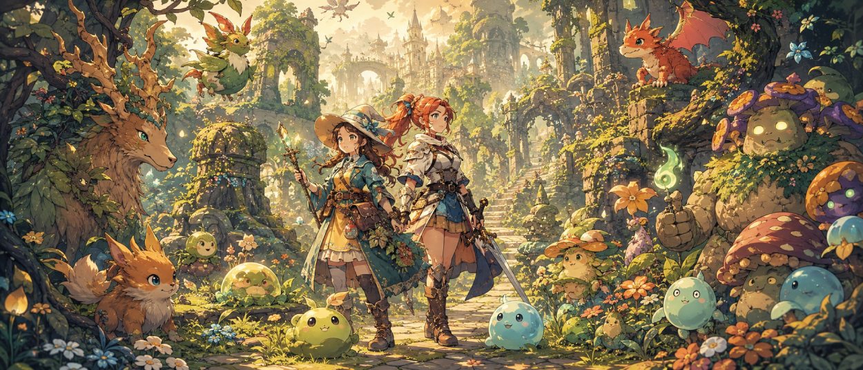 Zwei junge Fantasy-Heldinnen stehen in einem verwelkten Märchenwald voller Schleime, Drachen und Monster, während magische Blätter in goldenem Licht leuchten.