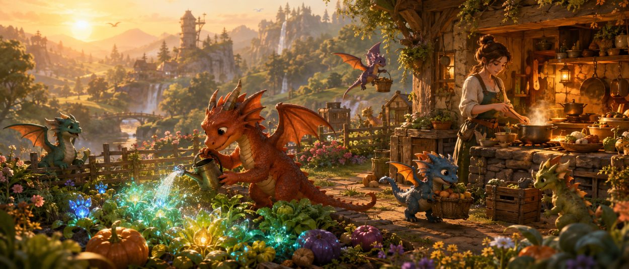 Ein kleiner Drache hilft auf einer magischen Farm beim Bewässern von Feldern, während ein gemütliches Haus, leuchtende Pflanzen und Fantasywald im Hintergrund zu sehen sind.