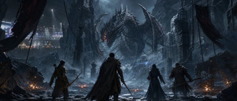 Ein Arisen steht mit Pawns vor einem riesigen Drachen in einer eisigen Fantasyregion, während im Hintergrund eine große Gamescom-Halle angedeutet ist.