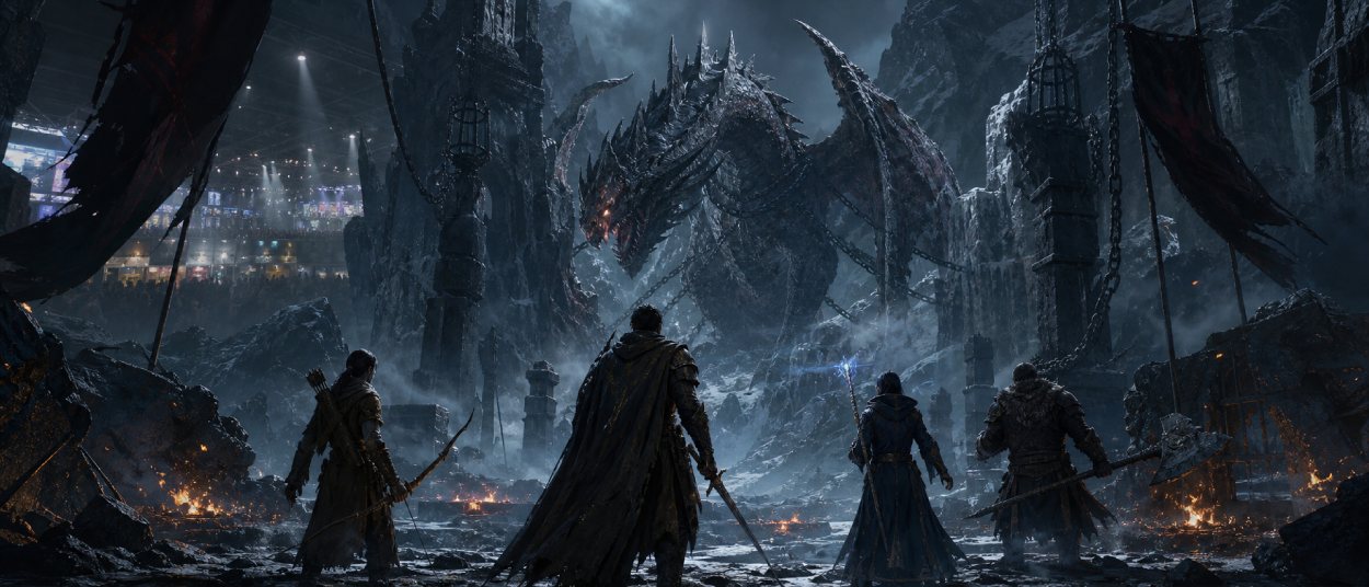 Ein Arisen steht mit Pawns vor einem riesigen Drachen in einer eisigen Fantasyregion, während im Hintergrund eine große Gamescom-Halle angedeutet ist.