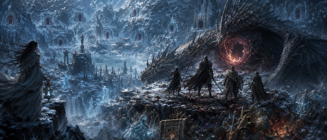 Ein Erweckter steht mit Begleitern in einer frostigen Fantasylandschaft vor einem herzlosen Drachen und dunklen Dungeoneingängen.