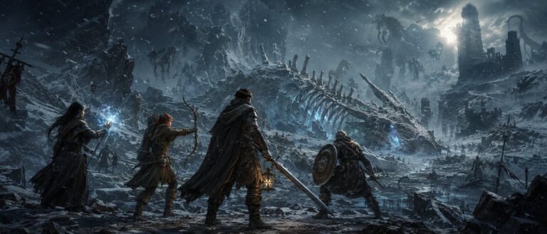 Ein Arisen steht mit seinen Begleitern in einer verschneiten Dark-Fantasy-Region vor Ruinen, während ein gefallener Drache und riesige Monster im Hintergrund aufragen.