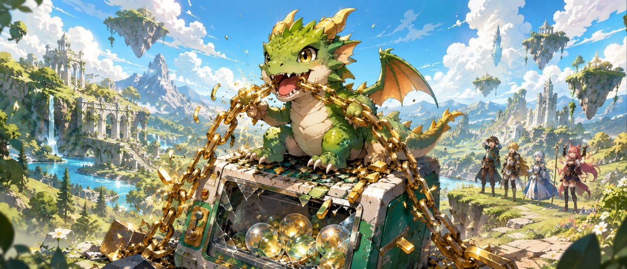 Ein junger Anime-Held steht mit Gefährten vor einem gewaltigen erwachenden Drachen über einer hellen Fantasylandschaft.