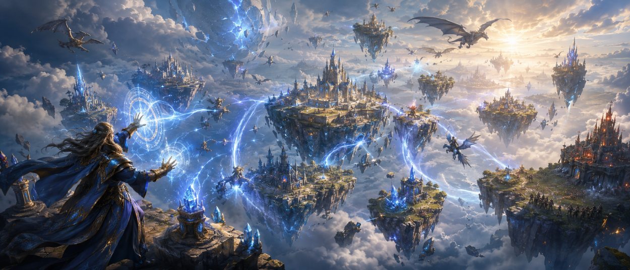 Ein mächtiger Magier steht über einer Welt aus schwebenden Inseln, während Drachen, Burgen, Mana-Ströme und verbundene Landmassen eine Fantasy-Strategiekarte bilden.