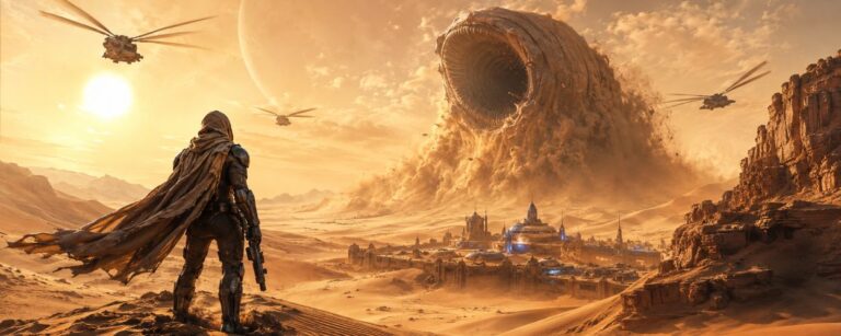 Ein gepanzerter Überlebender steht in einer gewaltigen Wüste vor einem Sandwurm, während Ornithopter über Dünen fliegen und eine Basis im Sand leuchtet.
