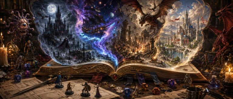 Ein großes Fantasy-Nachschlagewerk liegt auf einem Spieltisch, während Monster, Karten, Würfel und magische Portale zu verschiedenen D&D-Welten daraus aufsteigen.