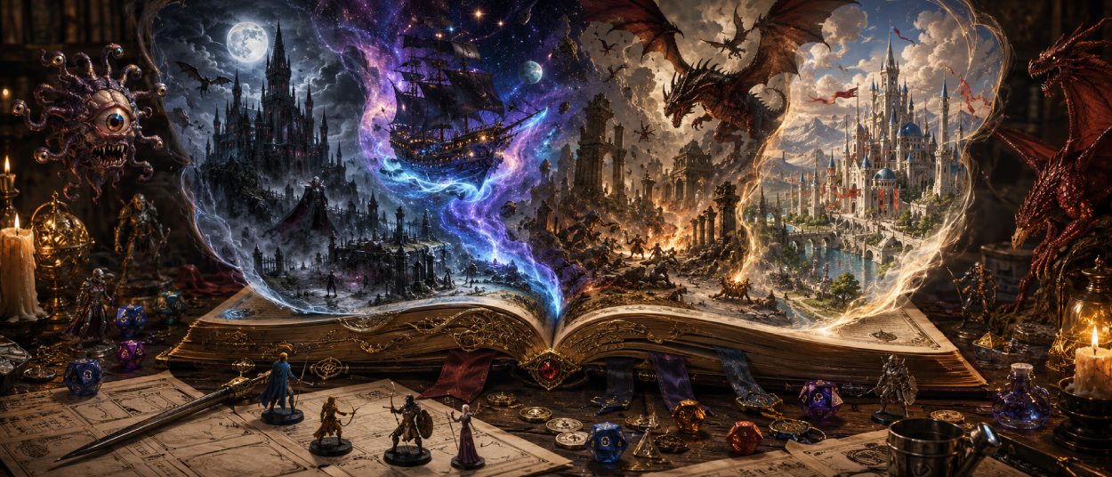 Ein großes Fantasy-Nachschlagewerk liegt auf einem Spieltisch, während Monster, Karten, Würfel und magische Portale zu verschiedenen D&D-Welten daraus aufsteigen.