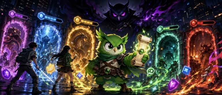 Eine grüne Fantasy-Eule steht vor leuchtenden Dungeon-Portalen, während Quests, Schattenmagie und Sprachlern-Symbole die Szene prägen.