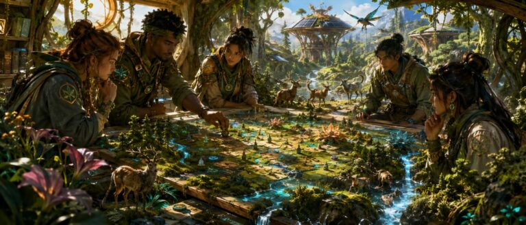Mehrere Ranger erkunden eine leuchtende Solarpunk-Wildnis auf einem riesigen Brettspielplan mit Tieren, Pflanzen und Pfaden.