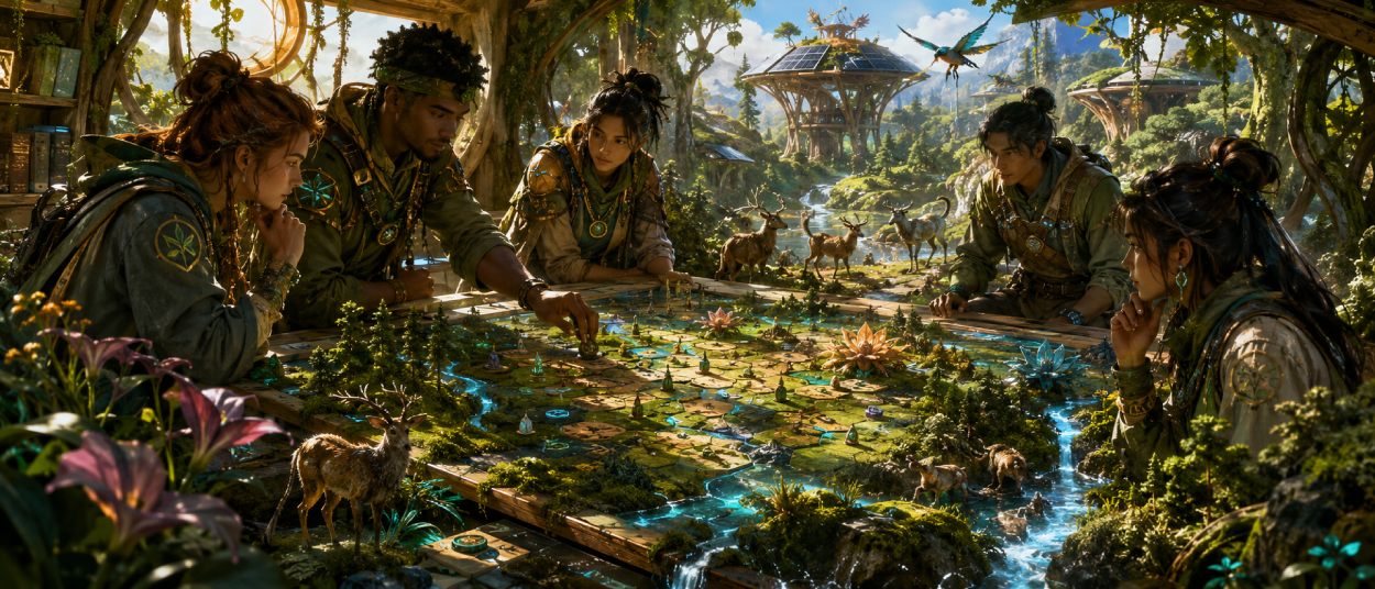 Mehrere Ranger erkunden eine leuchtende Solarpunk-Wildnis auf einem riesigen Brettspielplan mit Tieren, Pflanzen und Pfaden.