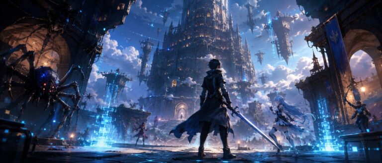 Ein Anime-Schwertkämpfer steht vor einem gewaltigen schwebenden Fantasy-Turm, während Spinnenmonster, leuchtende Safe-Areas und digitale Menüs in einer gefährlichen RPG-Welt erscheinen.