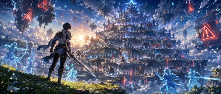 Ein eigener Abenteurer steht mit Schwert vor einer schwebenden Fantasy-Festung, während Spieler-Silhouetten und rote Warnzeichen in der Luft erscheinen.