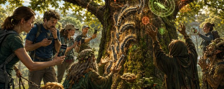 Spaziergänger melden Eichenprozessionsspinner per Smartphone, während Druiden, Goblins und Waldkultisten die Raupen an einer alten Eiche ehrfürchtig verehren.