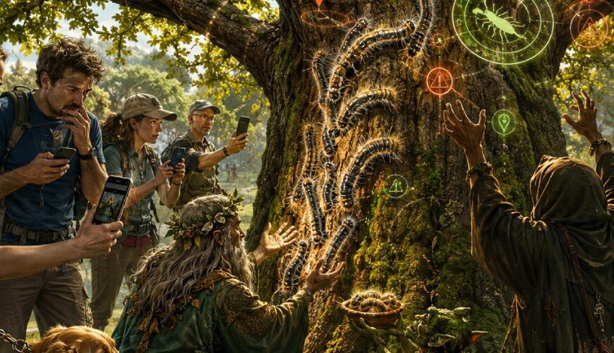 Spaziergänger melden Eichenprozessionsspinner per Smartphone, während Druiden, Goblins und Waldkultisten die Raupen an einer alten Eiche ehrfürchtig verehren.