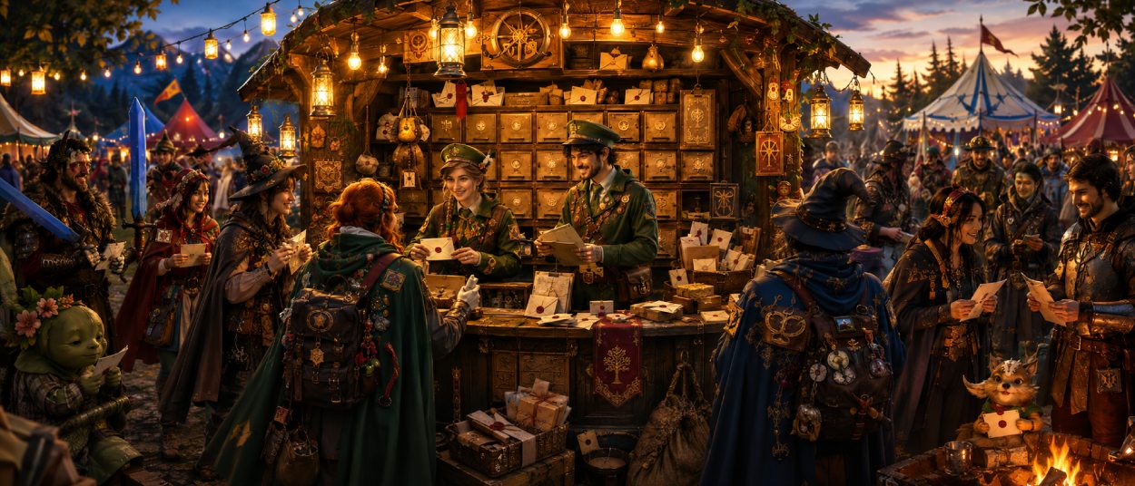 Ein magischer Festival-Poststand steht zwischen Zelten, Cosplayern und Lichterketten, während Briefe in kleine Postfächer einsortiert werden.