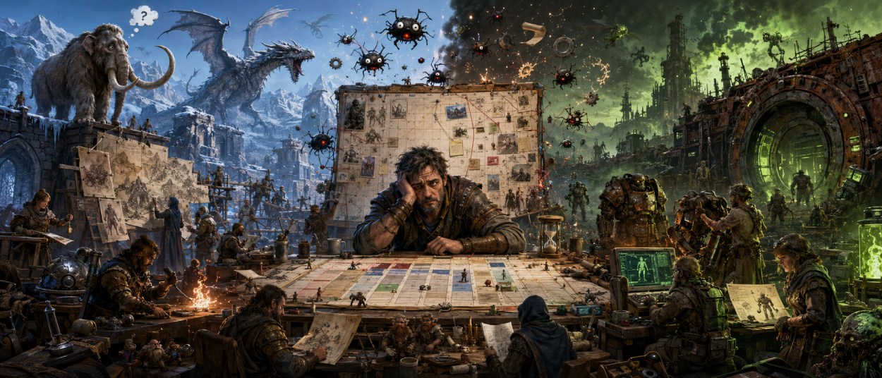 Ein Fantasy-Schmied versucht gleichzeitig eine Drachenkarte und ein postapokalyptisches Pip-Boy-Gerät zu reparieren, während ein Mammut auf einem Dach steht.