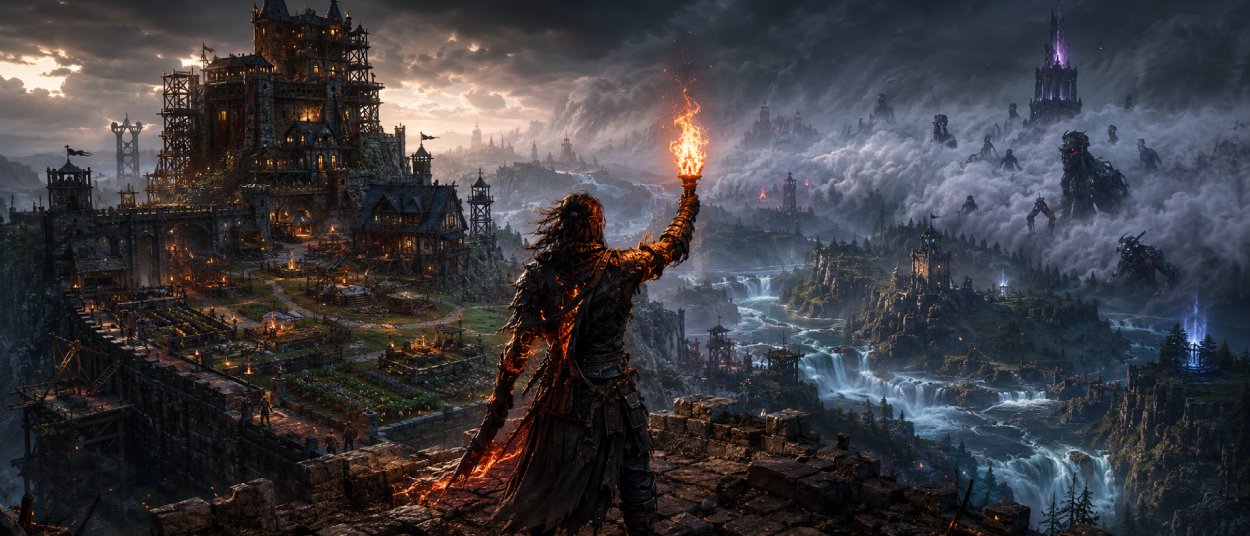 Ein Fantasy-Überlebender hält eine Fackel in einer nebligen Ruinenlandschaft, während hinter ihm eine gewaltige Festung aus dem Schleier auftaucht.