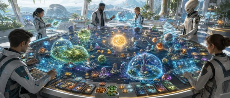 Ein futuristischer Spieltisch zeigt leuchtende Sonnensysteme, Planeten, Biome, Lebensformen und Wissenschaftler in einem kosmischen Labor.