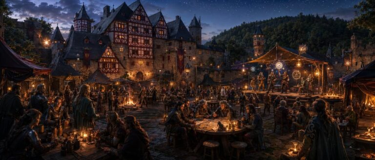 Eine mittelalterliche Burg bei Nacht mit Lagerfeuern, Fantasy-Fans, Gildenbannern und leuchtenden magischen Symbolen, während im Innenhof eine MMO-Community feiert.