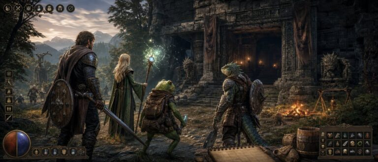 Eine kleine Heldengruppe steht vor einem klassischen Fantasy-Dungeon in Norrath, während alte MMO-Grafik und moderne Komfortsymbole angedeutet sind.