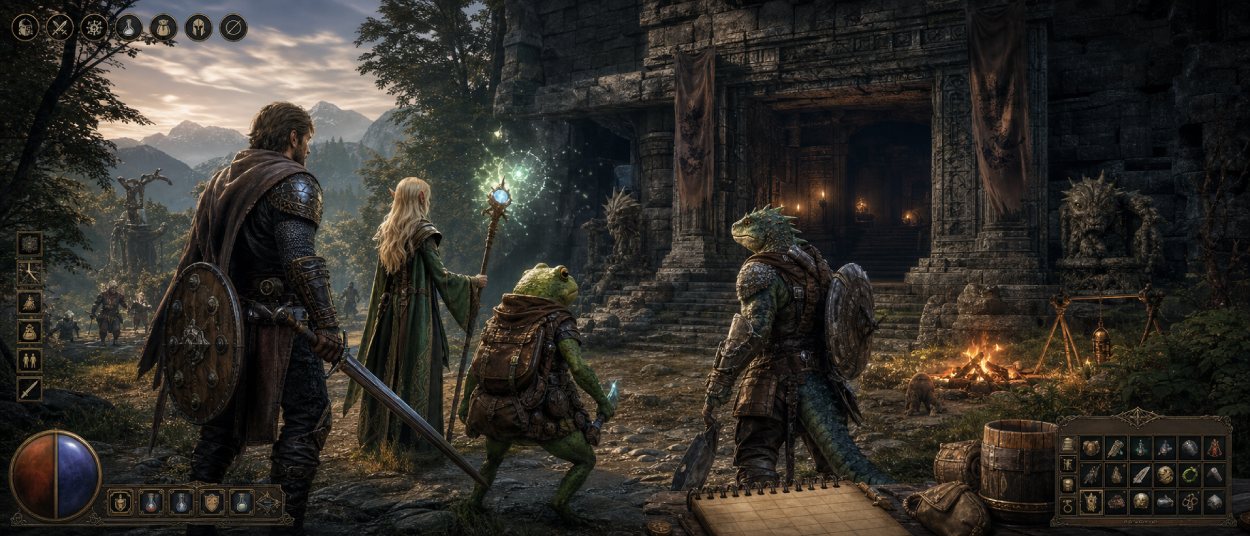 Eine kleine Heldengruppe steht vor einem klassischen Fantasy-Dungeon in Norrath, während alte MMO-Grafik und moderne Komfortsymbole angedeutet sind.
