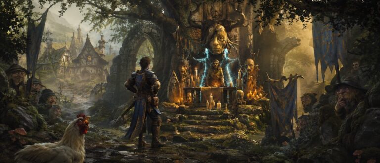 Ein Fantasyheld steht in einem märchenhaften Wald von Albion vor einem versteckten Kultschrein, während Hühner, Kerzen und seltsame Gestalten im Gebüsch auftauchen.