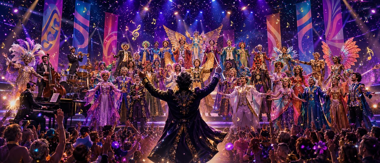 Ein bunter Fantasy-Chor steht auf einer leuchtenden Bühne mit Glitzerkostümen, Fantasieländer-Flaggen und jubelndem Publikum.