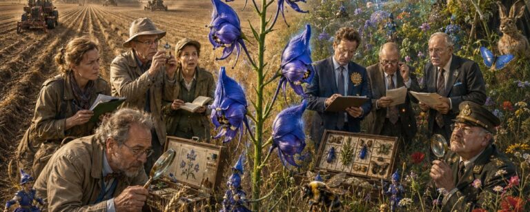 Satirische Illustration des Feldrittersporns als seltene blauviolette Ackerblume zwischen kahler Agrarlandschaft und magischer Wildblumenwelt, umgeben von Forschern, Insekten und kleinen Zwischenreiche-Figuren.