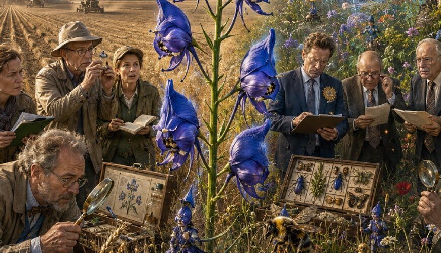 Satirische Illustration des Feldrittersporns als seltene blauviolette Ackerblume zwischen kahler Agrarlandschaft und magischer Wildblumenwelt, umgeben von Forschern, Insekten und kleinen Zwischenreiche-Figuren.
